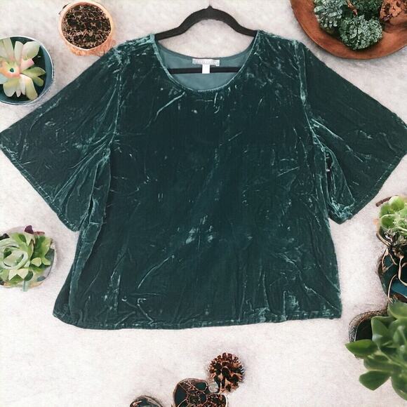 Chelsea 28 Womens Size Large Green Velvet Flutter Sleeve Shirt Top Pullover - Picture 1 of 16